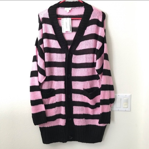 Lularoe Stripe Lucille Cardigan Button Pink/Black - Picture 4 of 13